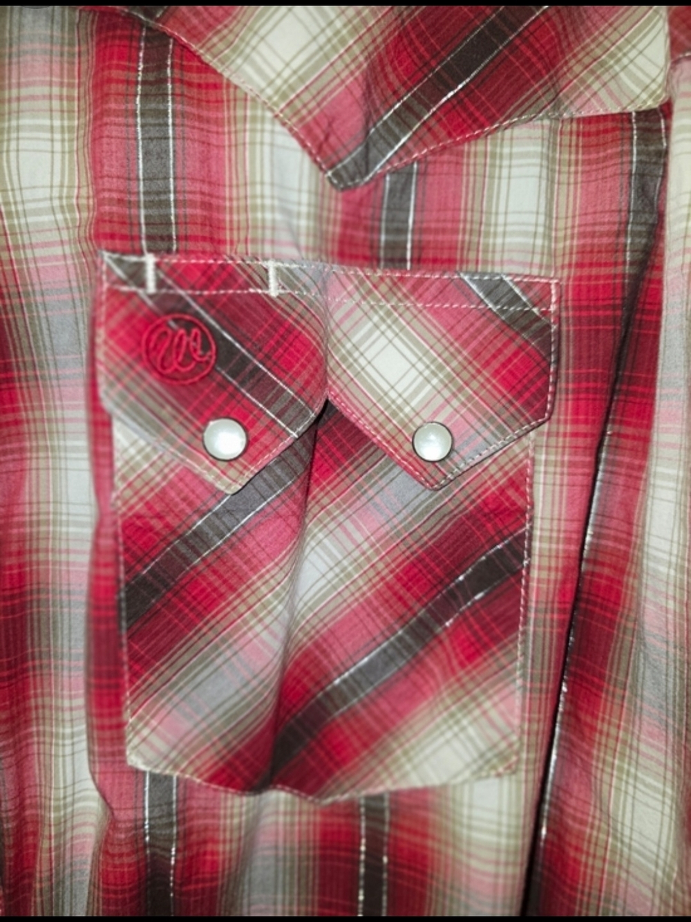 Mens Wrangler Red Plaid Western Pearl Snap Shirt - Picture 2 of 3